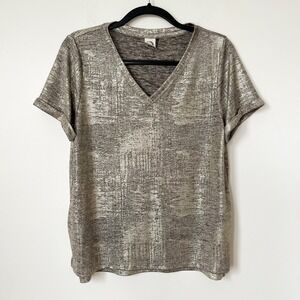 Akemi + Kin Anthropologie Charelle Metallic V-Neck Tee Gold Shimmer Women Medium